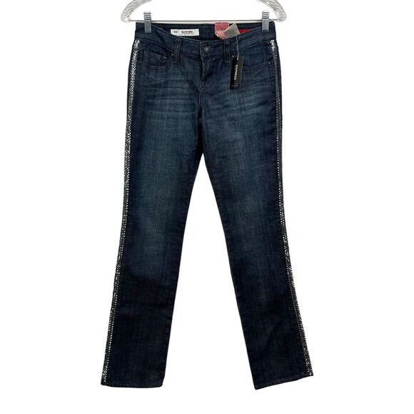 Express X2 Womens Jeans Stretch Slim Straight Low Rise Metallic Trim Detail Sz 0 - Picture 1 of 7